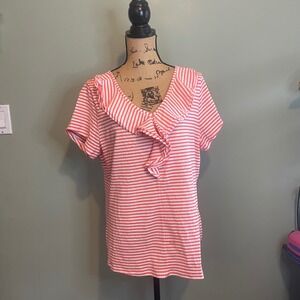Isaac Mizrahi Live Womens Casual Striped‎ Ruffle Top Blouse Orange White Size XL